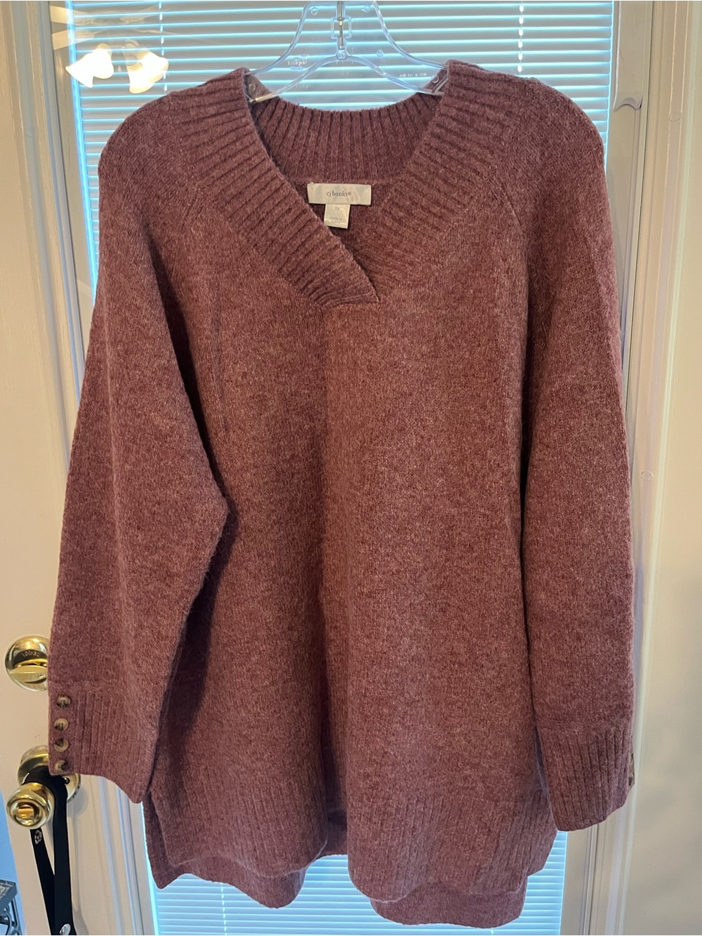CJ Banks Mauve V-Neck Button-Cuff Knit Sweater
